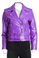 Women's Purple Classic Brando Biker Style Cow Hide Leather Jacket: Gemma